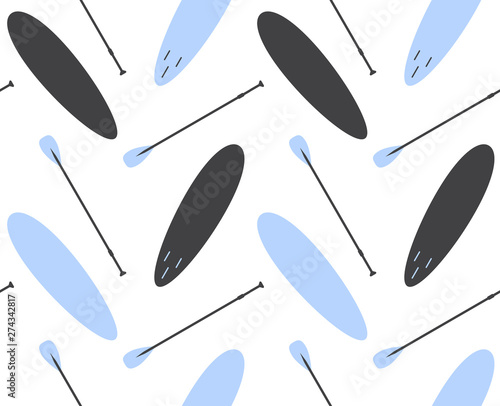 Vector seamless pattern of flat cartoon stand up puddle surf sup board isolated on white background 