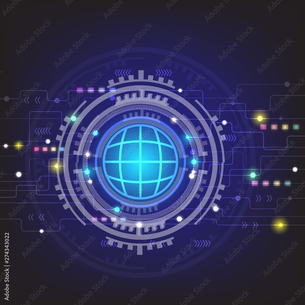 Abstract circuit boards and world figure symbols on a blue background The concept of communication technology that connects the whole world