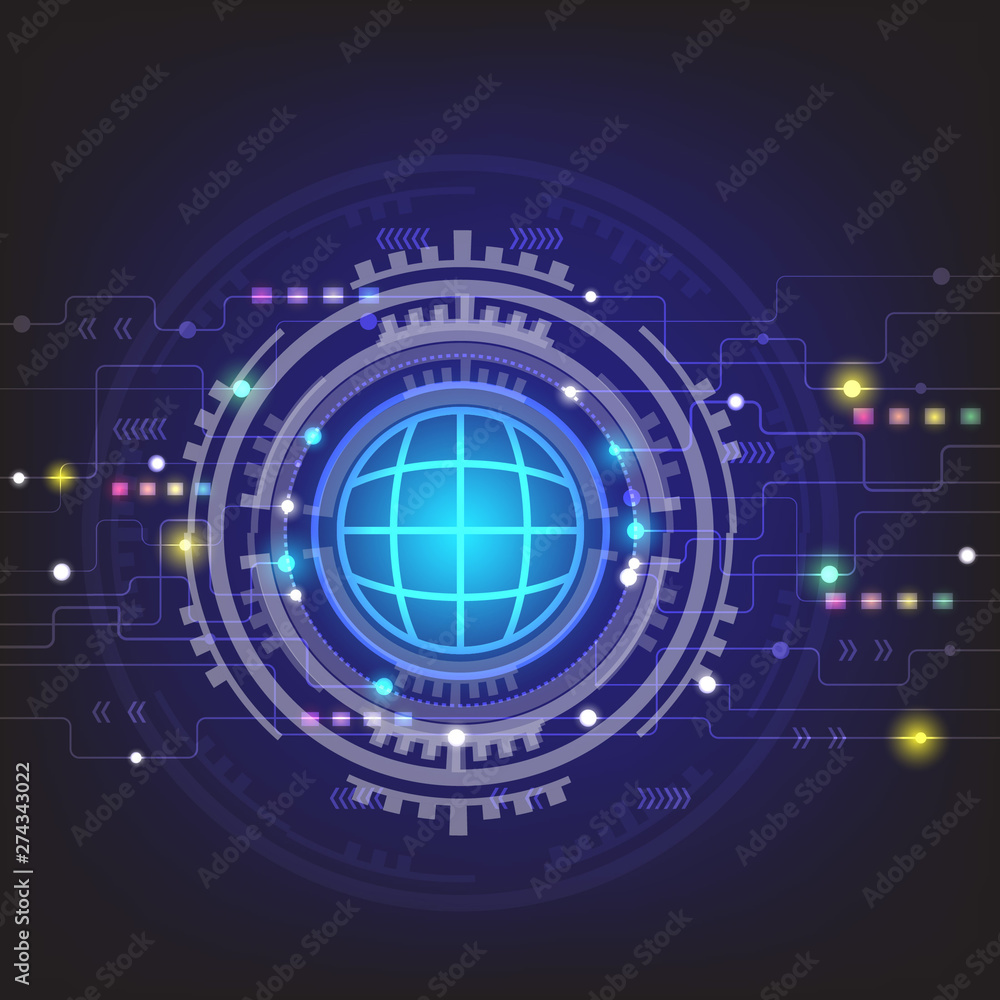 Abstract circuit boards and world figure symbols on a blue background The concept of communication technology that connects the whole world Abstract circuit boards and world figure symbols on a blue background The concept of communication technology that connects the whole world