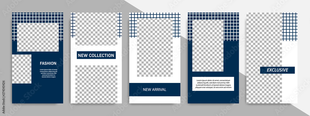 5 Set editable social media stories square post in blue indigo, black and white color, geometric shape banner template. Minimal modern stripe line design with grey background vector illustration 5 Set editable social media stories square post in blue indigo, black and white color, geometric shape banner template. Minimal modern stripe line design with grey background vector illustration