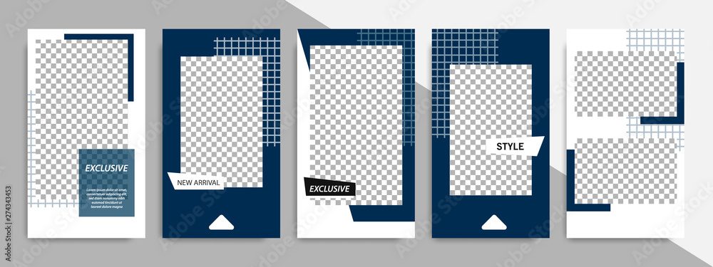 5 Set editable social media stories square post in blue indigo, black and white color, geometric shape banner template. Minimal modern stripe line design with grey background vector illustration