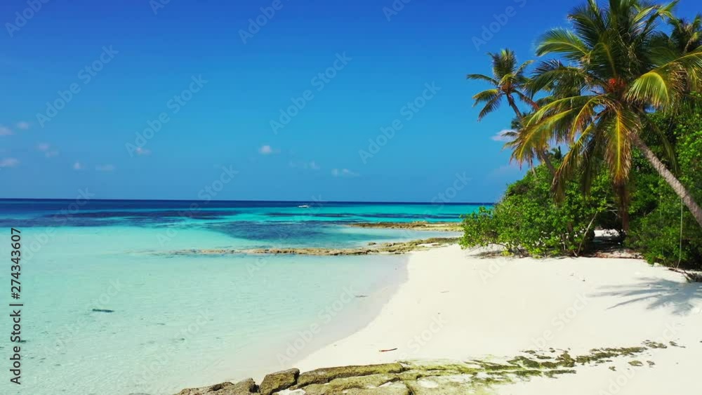 drone establishing dolly in shoy of a White sand Beach with cocos palms on a Motu Island in Rangiroa Atoll, French Polynesia drone establishing dolly in shoy of a White sand Beach with cocos palms on a Motu Island in Rangiroa Atoll, French Polynesia