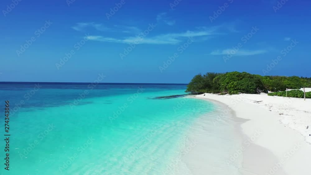 aerial drone dolly in shot, approaching palm forest on tropical island surrounded by crystal clear water with corals - biodiversity and ecology concept aerial drone dolly in shot, approaching palm forest on tropical island surrounded by crystal clear water with corals - biodiversity and ecology concept