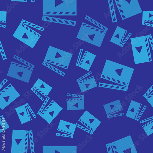 Blue Movie clapper icon isolated seamless pattern on blue background. Film clapper board icon. Clapperboard sign. Cinema production or media industry concept. Vector Illustration