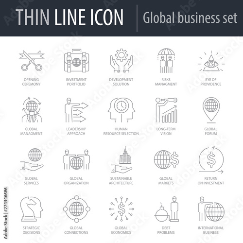 Icons Set of Global Business. Symbol of Intelligent Thin Line Image Pack. Stroke Pictogram Graphic for Web Design. Quality Outline Vector Symbol Concept Collection. Premium Mono Linear