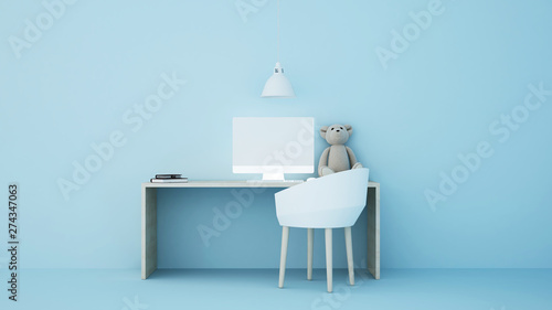 Workplace in the blue room and empty space for add artwork or message. 3D Illustration