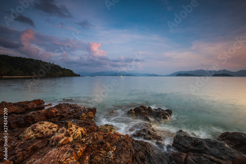 Colorful sunset on the sea in Koh Wai island, Trat province, Thailand.