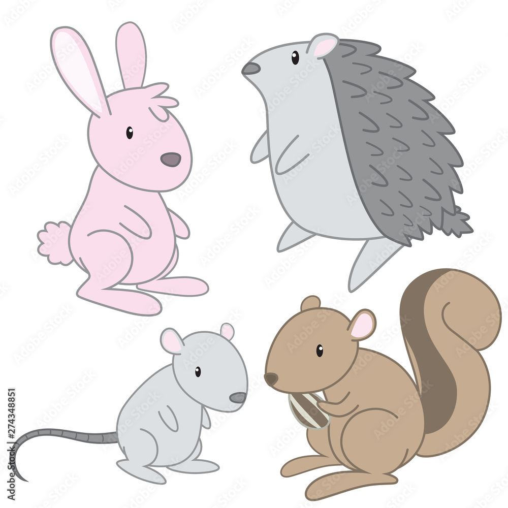 4 pastel color cute cartoon animal rat rabbit porcupine and squirrel with white background
