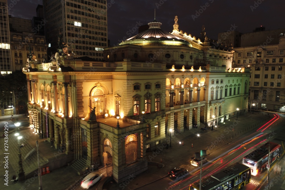 Municipal's Theater of São Paulo aerial view, Brazil. Fantastic landscape. Downtown scenery. Night scenery. City's Landmark.