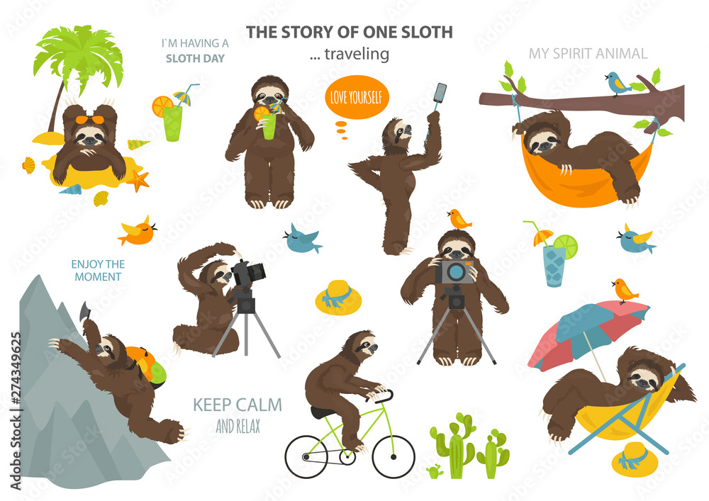 The story of one sloth. Traveling, holiday. Funny cartoon sloths in ...