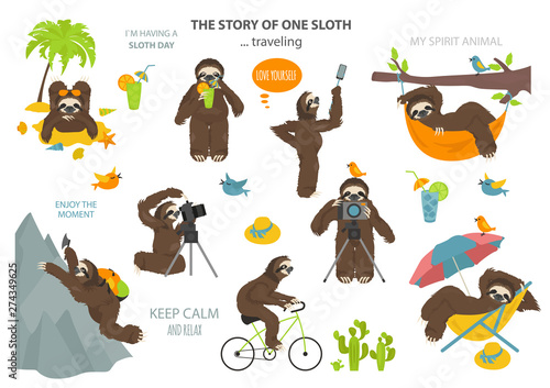 The story of one sloth. Traveling, holiday. Funny cartoon sloths in different postures set