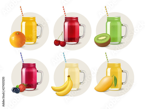 Mason jars with juices or smoothies. Vector cold drinks stickers with realistic fruits and berries. Orange, kiwi, cherry, strawberry, blueberry, banana and mango