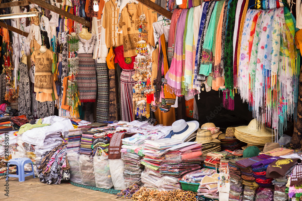 Beautiful traditional handmade clothes for sale to the tourist as the souvenir at the local market in Bagan, Myanmar.