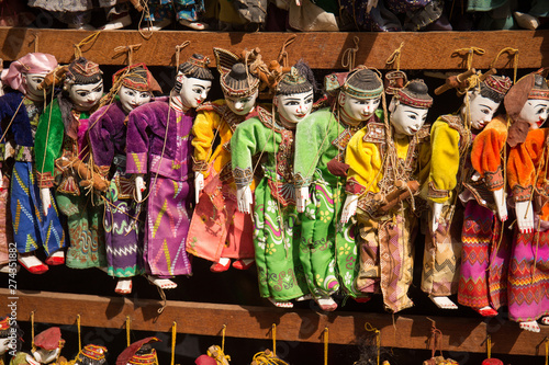 Traditional handicraft puppets are sold in a market in Bagan, Myanmar