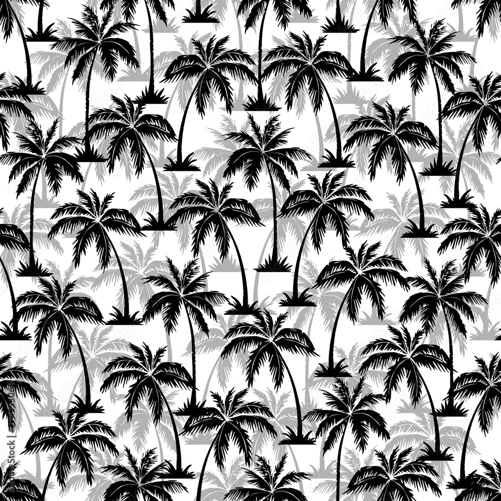 Palm tree seamless pattern. Hawaiian palm trees repeating pattern. Black on white background. Vector illustration. for print, textile, web, home decor, fashion, surface, graphic design