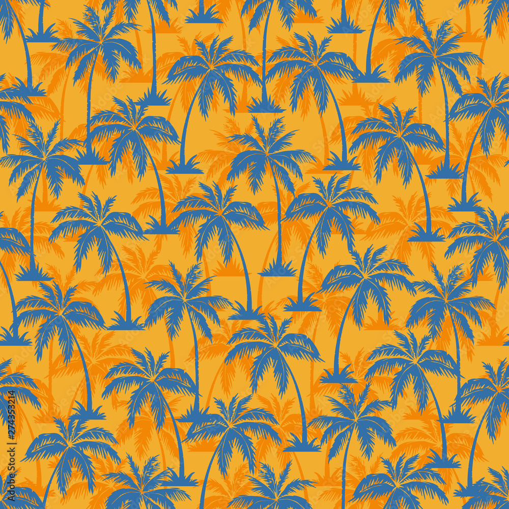 Palm tree seamless pattern. Hawaiian palm trees repeating pattern. Blue on yellow background. Vector illustration. for print, textile, web, home decor, fashion, surface, graphic design Palm tree seamless pattern. Hawaiian palm trees repeating pattern. Blue on yellow background. Vector illustration. for print, textile, web, home decor, fashion, surface, graphic design