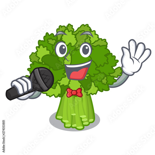 Singing rabe broccoli in vegetable mascot basket