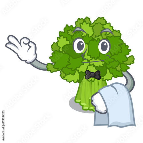 Waiter rabe broccoli in vegetable mascot basket