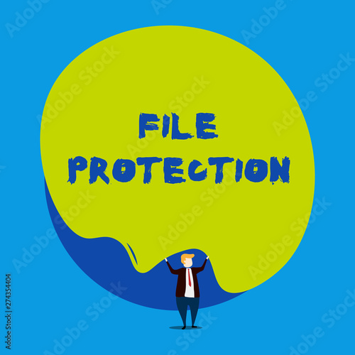 Conceptual hand writing showing File Protection. Concept meaning Preventing accidental erasing of data using storage medium Male human wear formal tuxedo hold asymmetrical shape bubble photo