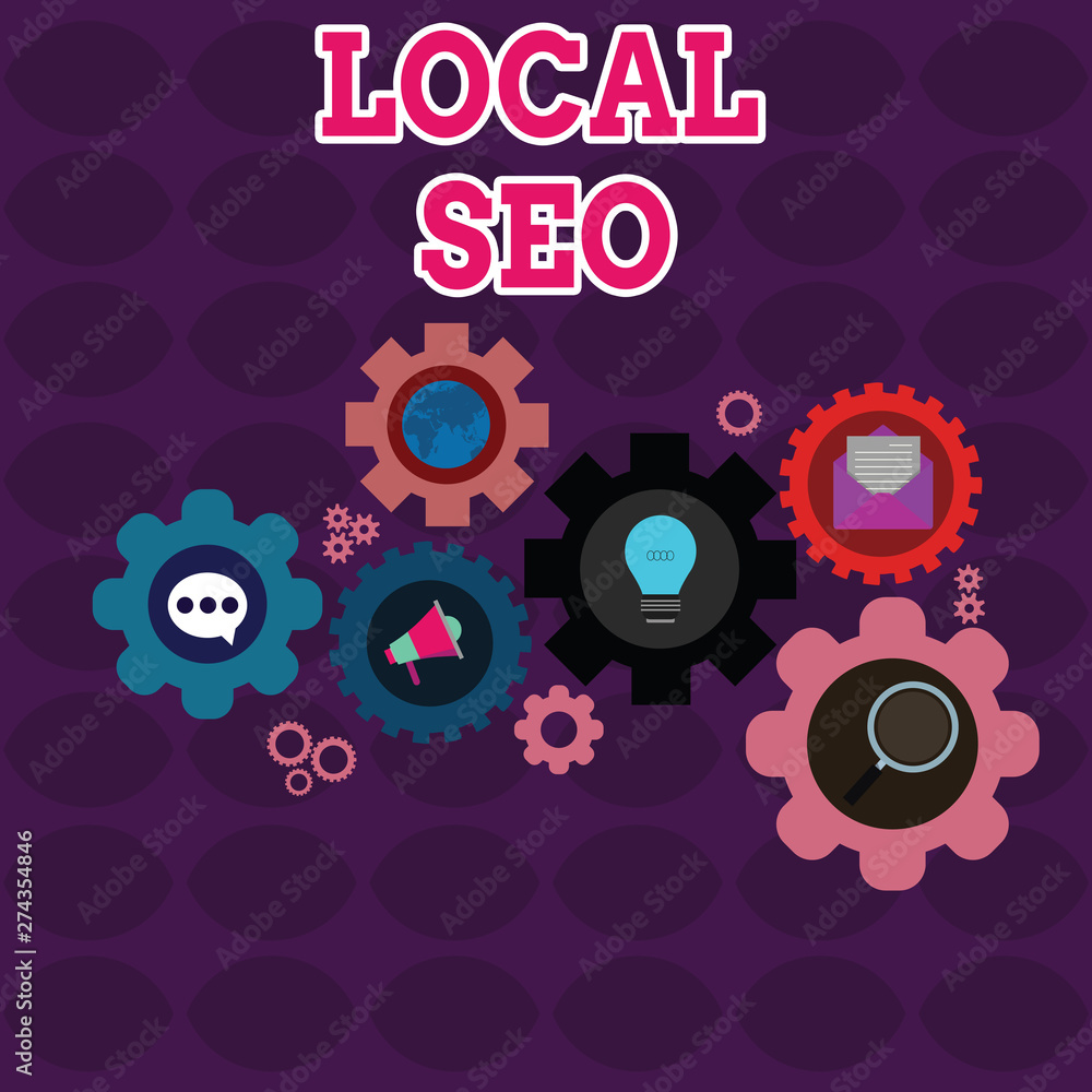 Text sign showing Local Seo. Business photo showcasing helps businesses promote products and services to local customers Set of Global Online Social Networking Icons Inside Colorful Cog Wheel Gear Text sign showing Local Seo. Business photo showcasing helps businesses promote products and services to local customers Set of Global Online Social Networking Icons Inside Colorful Cog Wheel Gear