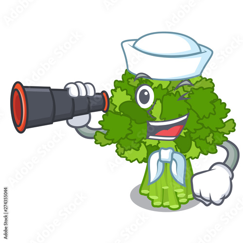 Sailor with binocular rabe broccoli in vegetable mascot basket