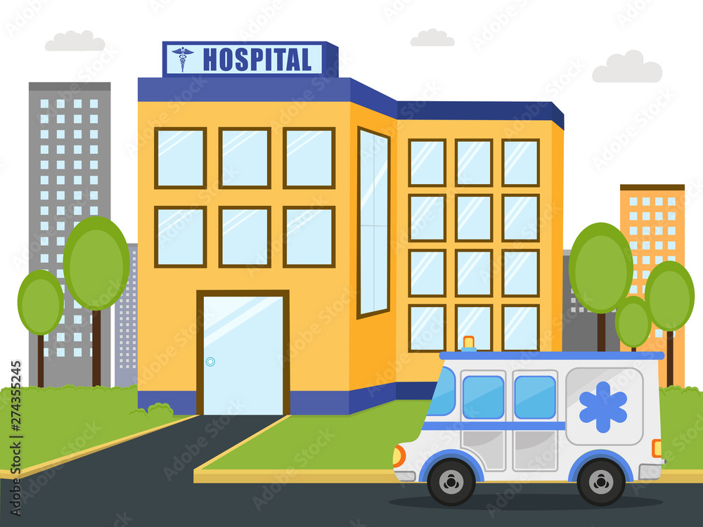 Hospital building with ambulance.