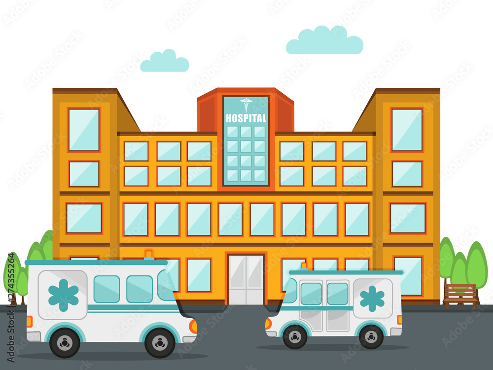 Hospital building with two ambulance.