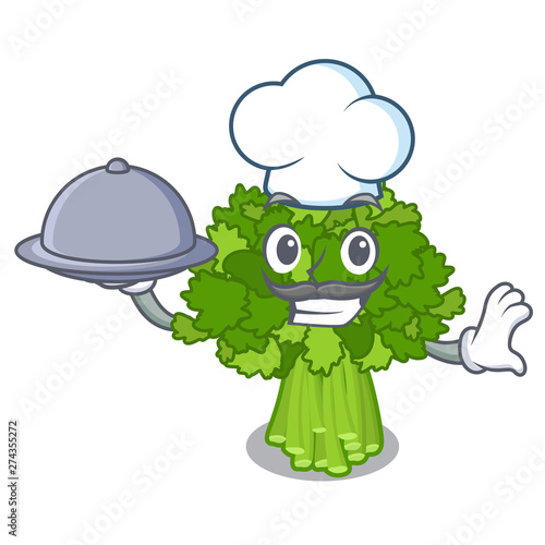 Chef with food rabe broccoli in vegetable mascot basket