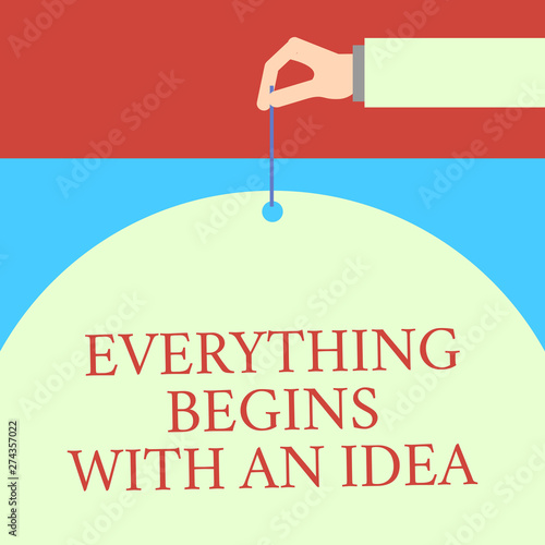 Word writing text Everything Begins With An Idea. Business photo showcasing steps you take to turn an idea into a reality Male hand arm needle punching big half blank balloon geometrical background