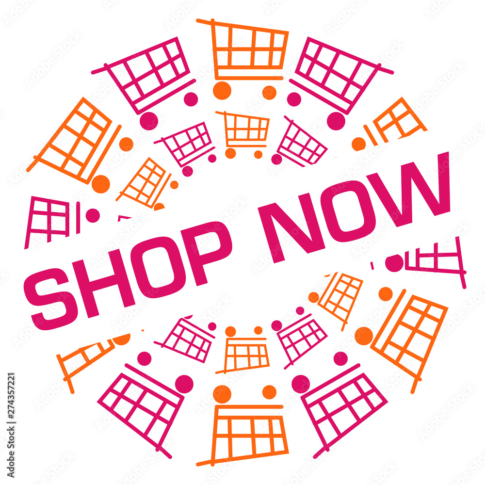 Shop Now Pink Orange Shopping Cart Circular Badge Style 