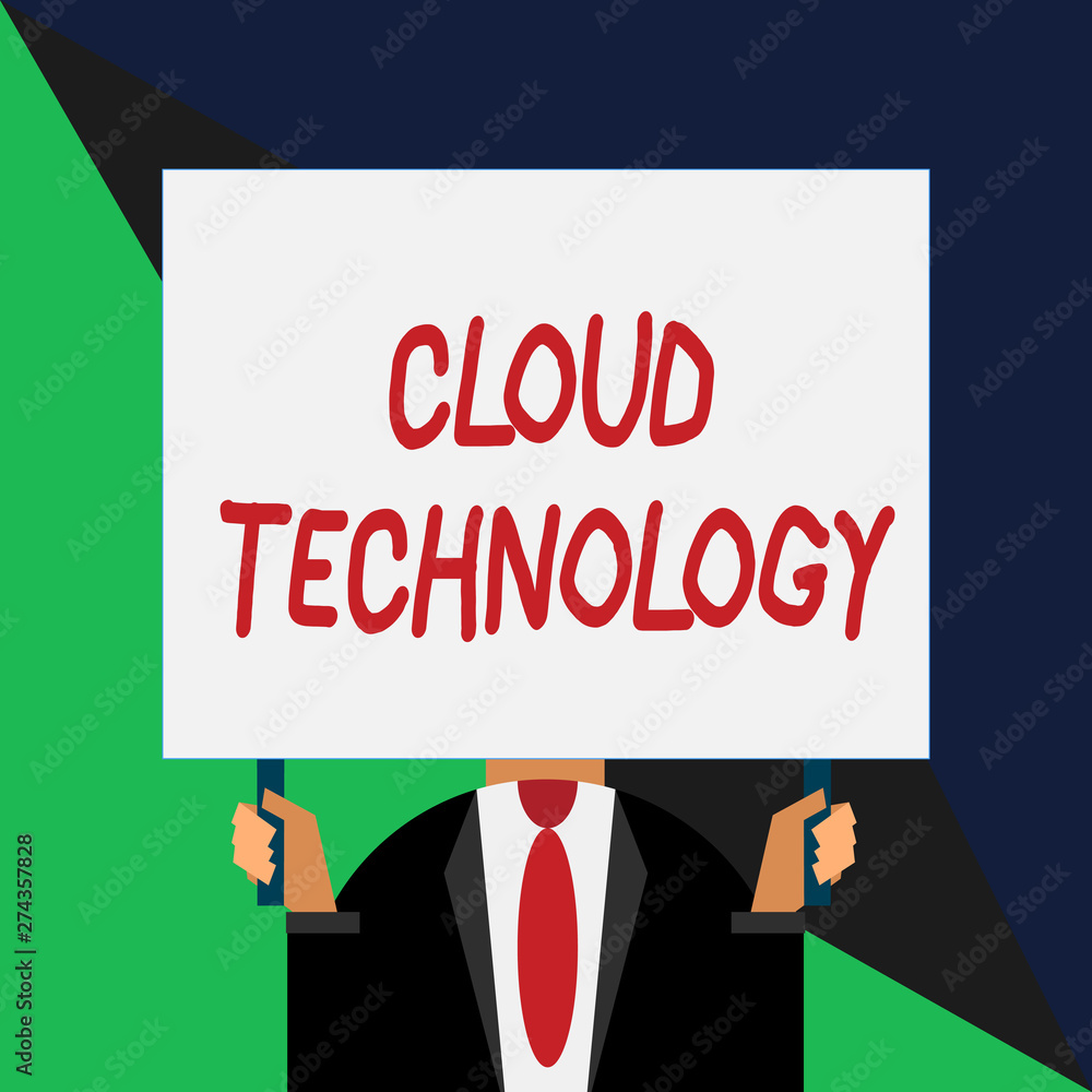 Conceptual hand writing showing Cloud Technology. Concept meaning storing and accessing data and programs over Internet Just man chest dark suit tie no face holding blank rectangle Conceptual hand writing showing Cloud Technology. Concept meaning storing and accessing data and programs over Internet Just man chest dark suit tie no face holding blank rectangle