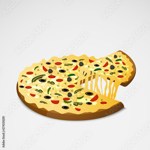Delicious pizza with lifted slice.