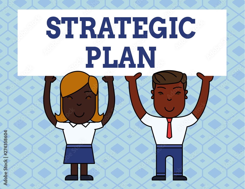 Handwriting text writing Strategic Plan. Conceptual photo a systematic process of envisioning a desired future Two Smiling People Holding Big Blank Poster Board Overhead with Both Hands Handwriting text writing Strategic Plan. Conceptual photo a systematic process of envisioning a desired future Two Smiling People Holding Big Blank Poster Board Overhead with Both Hands