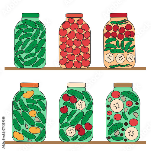 Collection of various canned food on a white background. Salad in a glass jar. Vector illustration.