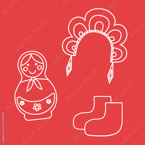 Female old Russian headdress, boots, Russian toy. Vector illustration.