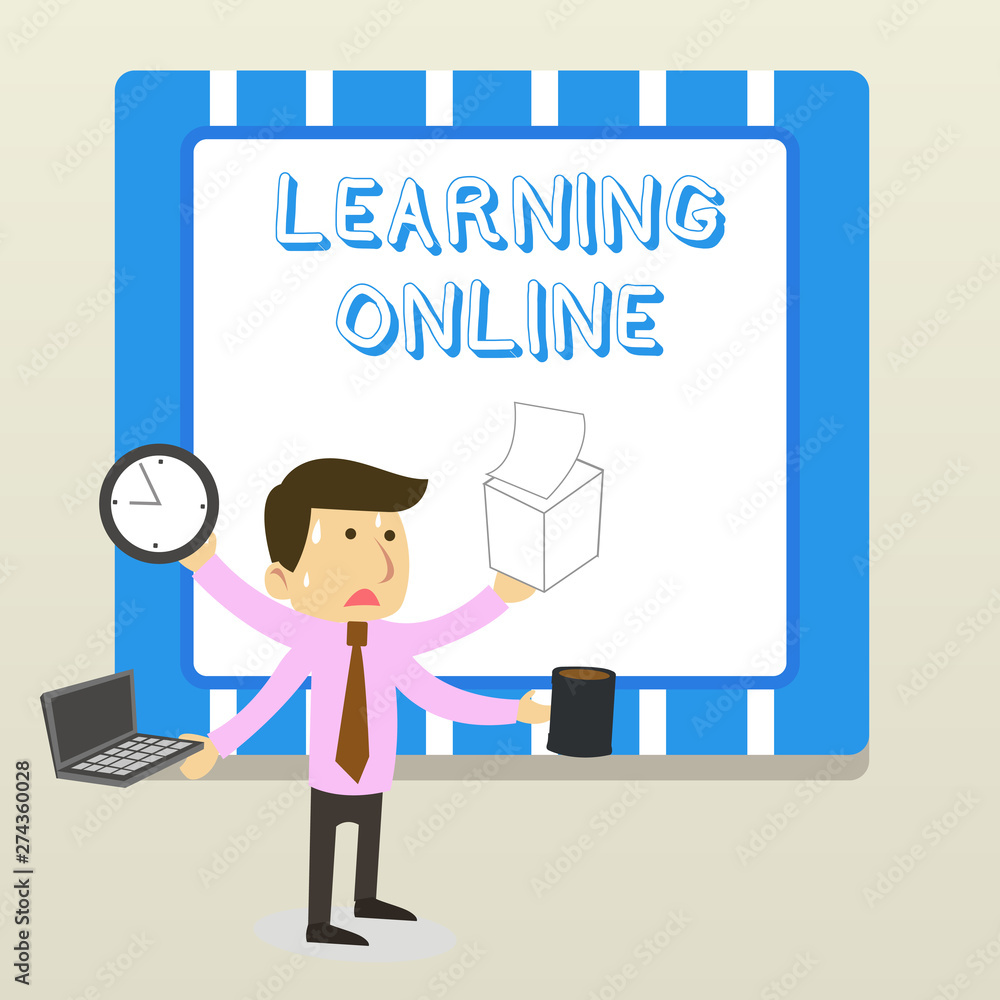 Word writing text Learning Online. Business photo showcasing Learn something new with the help of internet and technology Stressed Out Male Employee Manager Many Armed Multitasking Meet Deadline Word writing text Learning Online. Business photo showcasing Learn something new with the help of internet and technology Stressed Out Male Employee Manager Many Armed Multitasking Meet Deadline