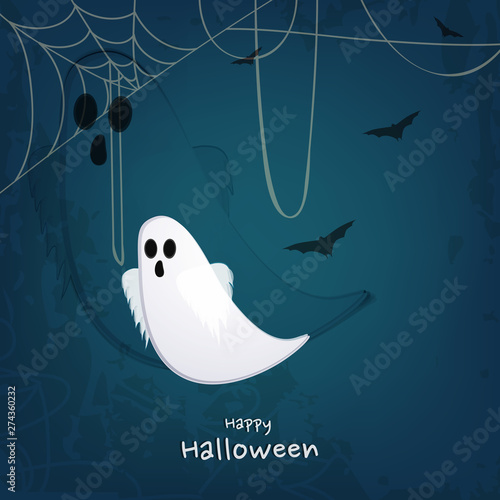 Happy Halloween celebration with flying traditional ghost, spider web and scay birds. photo