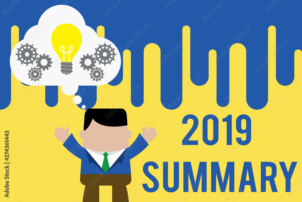 Handwriting text 2019 Summary. Conceptual photo brief comprehensive especially covering the main points of 2019 Standing man suit hands up imaginary bubble light bulb gears working together Handwriting text 2019 Summary. Conceptual photo brief comprehensive especially covering the main points of 2019 Standing man suit hands up imaginary bubble light bulb gears working together