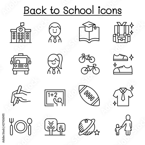 School, education, learning, back to school icon set in thin line style