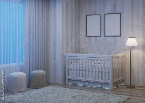 Modern house interior. Night. Evening lighting. 3D rendering.