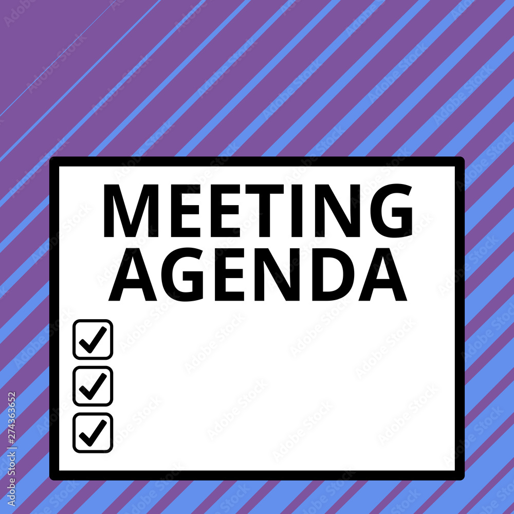 Conceptual hand writing showing Meeting Agenda. Concept meaning items that participants hope to accomplish at a meeting Big square background inside one thick bold black outline frame