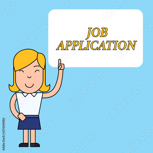 Writing note showing Job Application. Business concept for The standard business document serves a number of purposes Woman Standing with Raised Left Index Finger Pointing at Blank Text Box photo