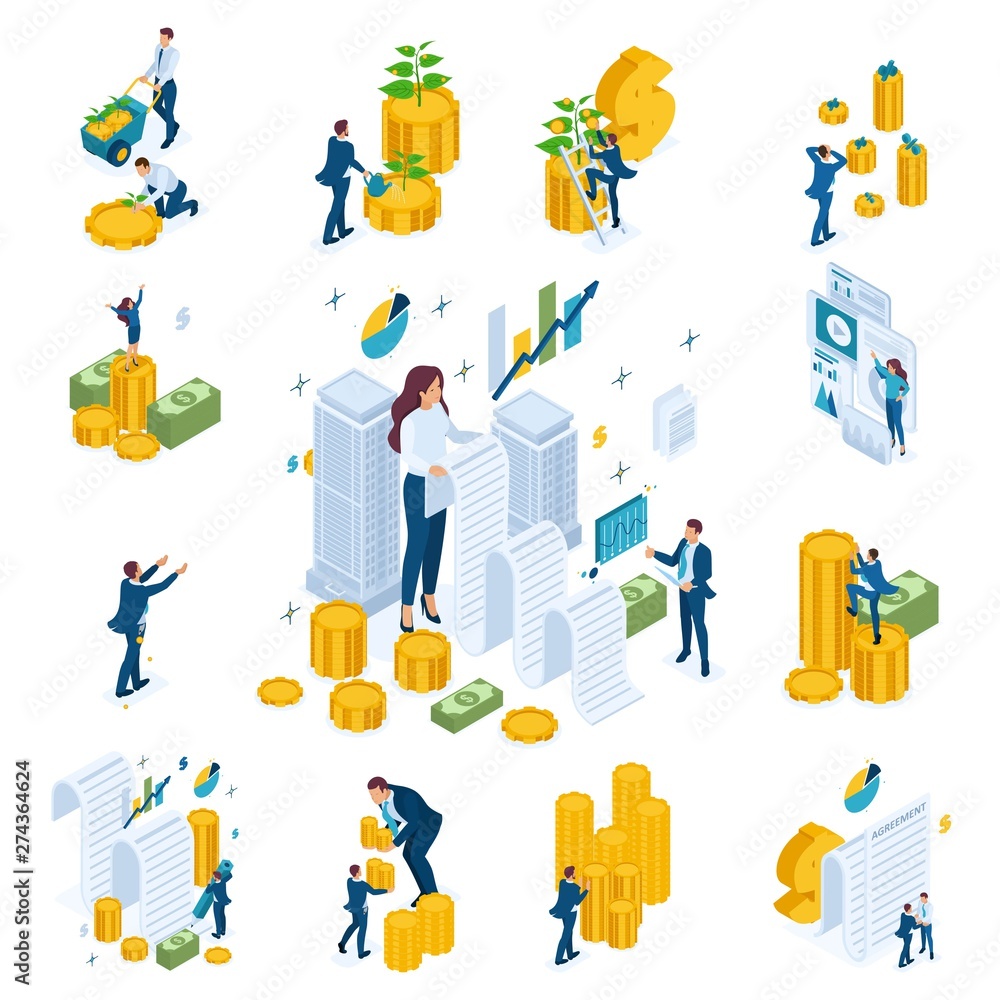 Set of isometric concepts on the topic of investment and banking. To create websites and mobile applications Set of isometric concepts on the topic of investment and banking. To create websites and mobile applications