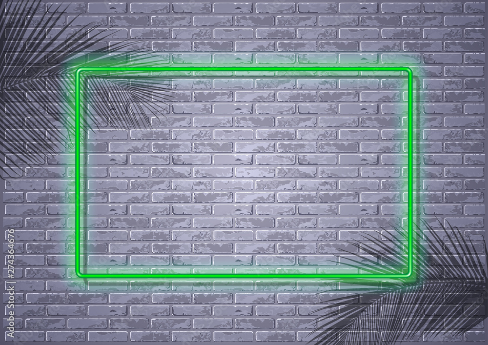 Green Neon Light Frame on Brick Wall and Palm Leaf Shadows - Tropical Background for Your Photo or Image, Vector Illustration Green Neon Light Frame on Brick Wall and Palm Leaf Shadows - Tropical Background for Your Photo or Image, Vector Illustration