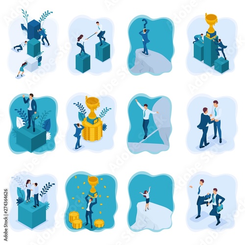 Set Isometric small conception solutions, Competition, contest, Receive a prize. Vector illustration for creating websites and mobile applications