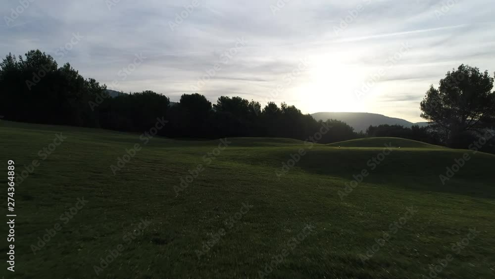 Flying small mounds of greenery in the morning in a golf course Flying small mounds of greenery in the morning in a golf course