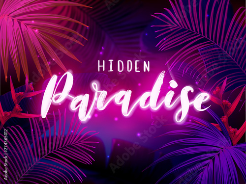 Dark blue and violet neon tropical design with palm leaves and 3d lettering. Summer night vector illustration.