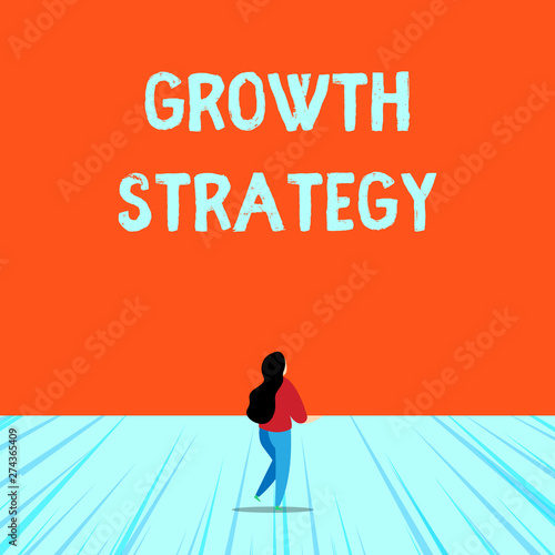 Conceptual hand writing showing Growth Strategy. Concept meaning Strategy aimed at winning larger market share in shortterm Young long hair woman holding blank square announcement design photo