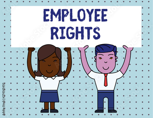 Conceptual hand writing showing Employee Rights. Concept meaning All employees have basic rights in their own workplace Two Smiling People Holding Poster Board Overhead with Hands photo