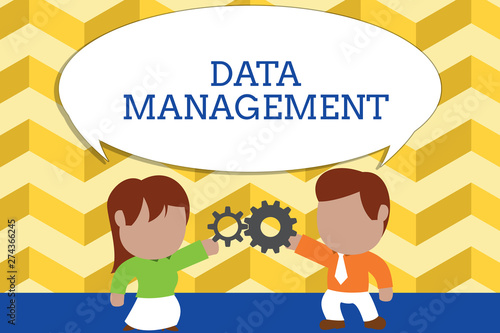 Word writing text Data Management. Business photo showcasing The practice of organizing and maintaining data processes Standing young couple sharing gear. Man tie woman skirt commerce relation photo